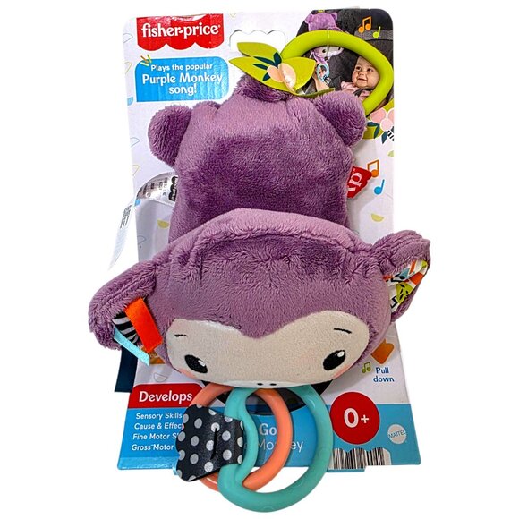 Fisher-Price Baby Stroller Toy Sing & Go Purple Monkey Musical Sensory Plush New - Picture 1 of 11